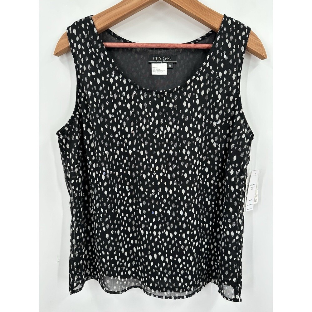 City Girl Nancy Bolen Medium Tank Top Women's Black Printed Scoop Neck NEW